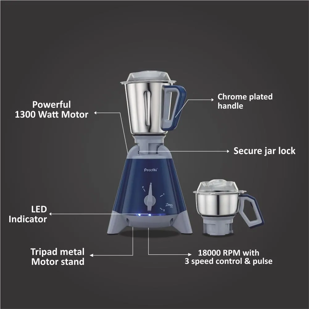 Preethi Xpro Duo Commercial 1300 W Mixie Deep Blue 2 Jars (MG-204)