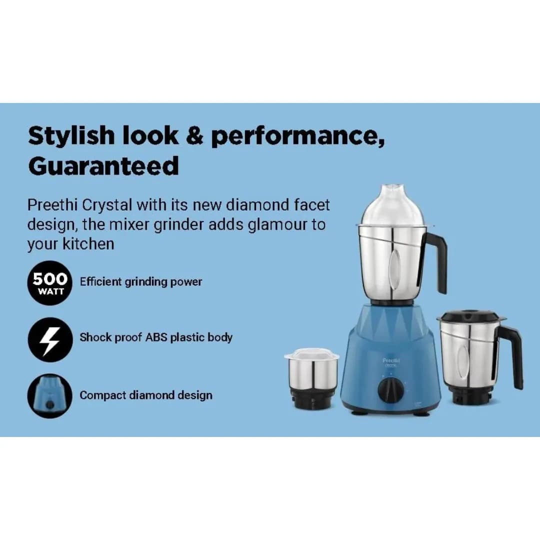 Preethi Crystal 500 W Mixie Blue 3 Jars (MG-224)