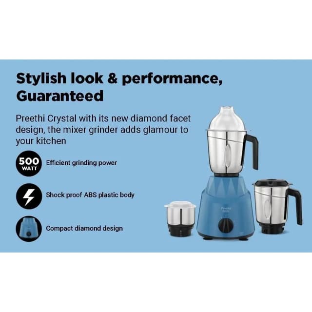 Preethi Crystal 500 W Mixie Blue 3 Jars (MG-224)