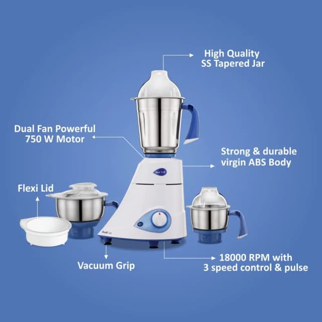 Preethi Blue Leaf Gold 750 W Mixie White 3 Jars (MG-150)