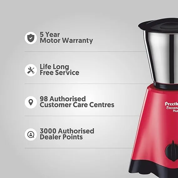 Preethi Crown Plus 600 W Mixie Red & Black 4 Jars (MG-258)
