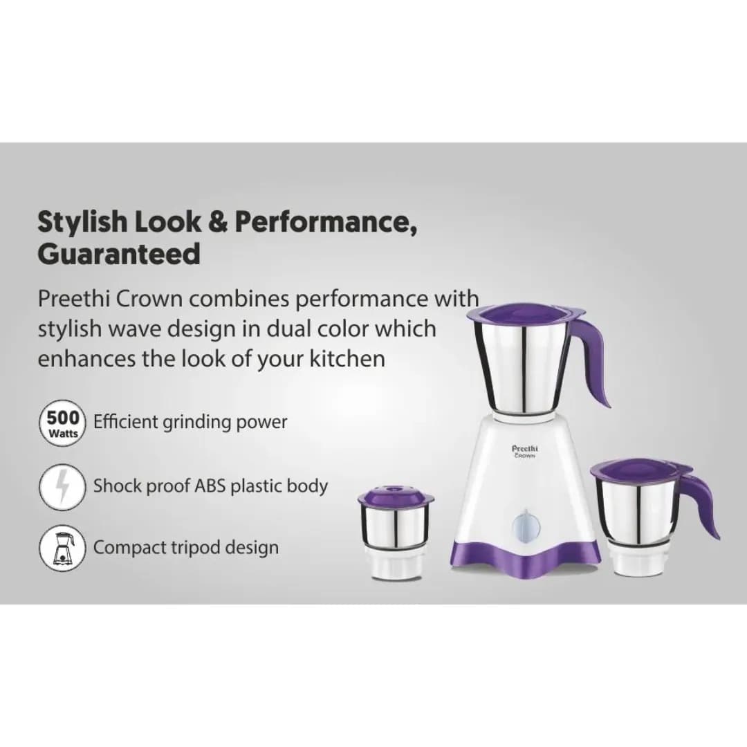 Preethi Crown 500 W Mixie White & Purple 3 Jars (MG-205)