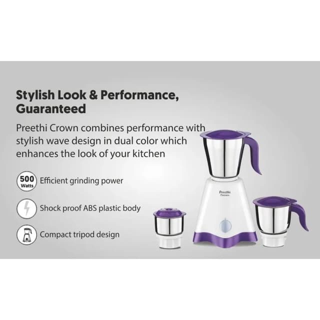 Preethi Crown 500 W Mixie White & Purple 3 Jars (MG-205)