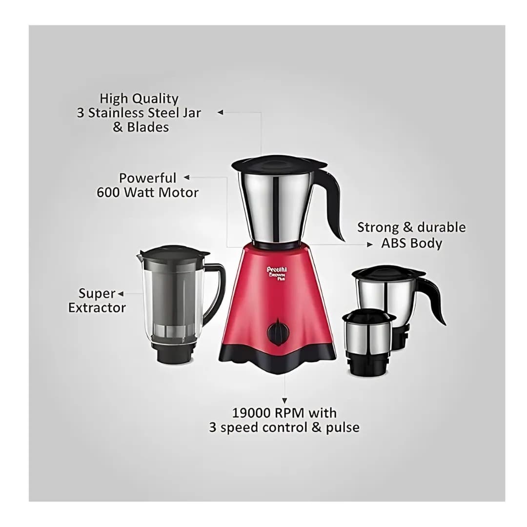 Preethi Crown Plus 600 W Mixie Red & Black 4 Jars (MG-258)
