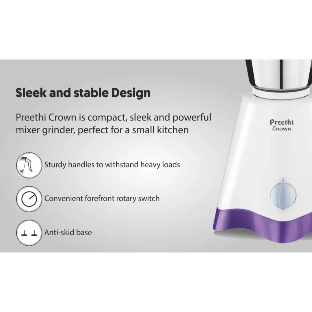 Preethi Crown 500 W Mixie White & Purple 3 Jars (MG-205)
