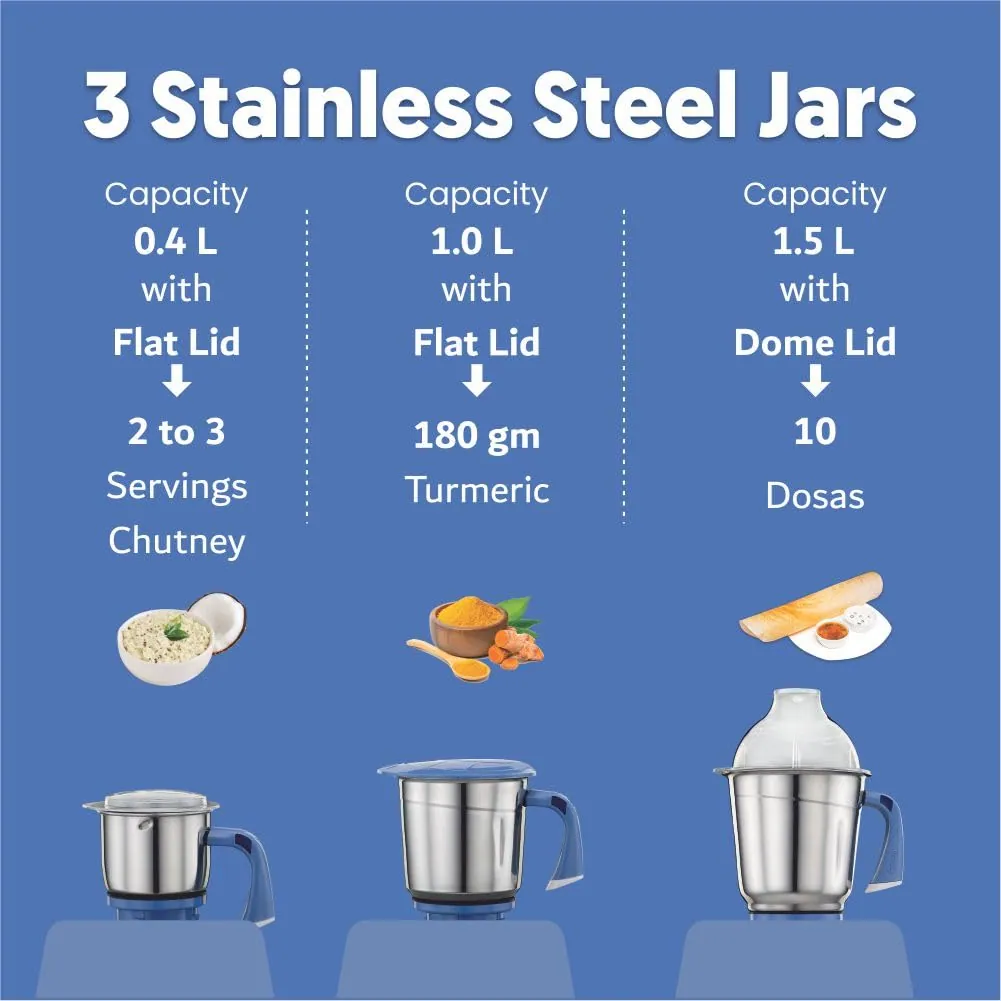 Preethi Blue Leaf Silver 600 W Mixie White 3 Jars (MG-149)