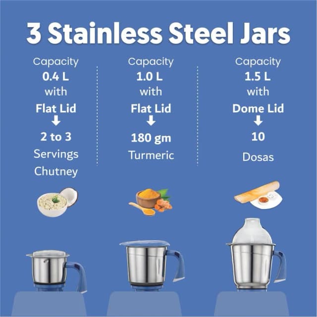 Preethi Blue Leaf Silver 600 W Mixie White 3 Jars (MG-149)