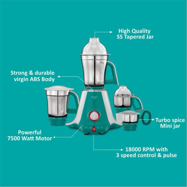 Preethi Aries 750 W Mixie White With Green 4 Jars