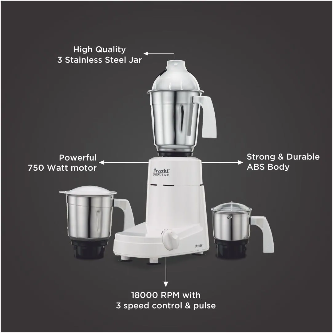 Preethi Popular 750 W Mixie White 3 Jars (MG-142)