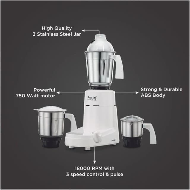 Preethi Popular 750 W Mixie White 3 Jars (MG-142)