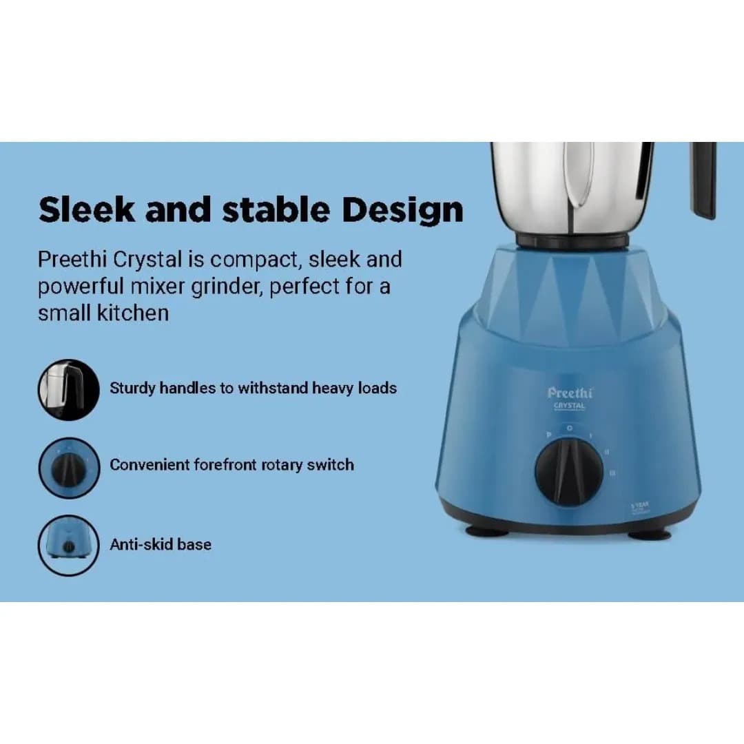 Preethi Crystal 500 W Mixie Blue 3 Jars (MG-224)