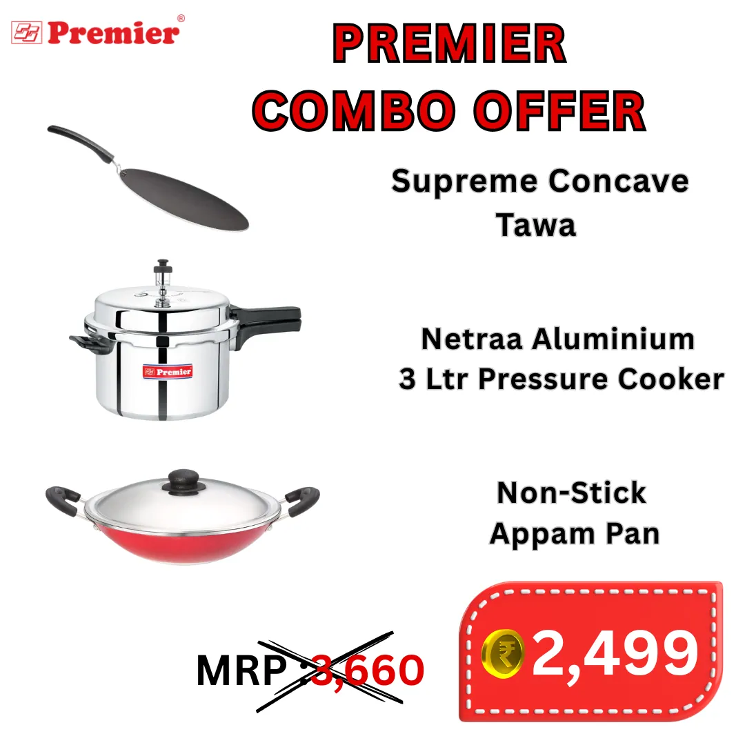 Premier Combo Offer ( Premier Non Stick Concave Tawa & Netraa Aluminium 3 Ltr Pressure Cooker & Non-Stick Appam Pan )