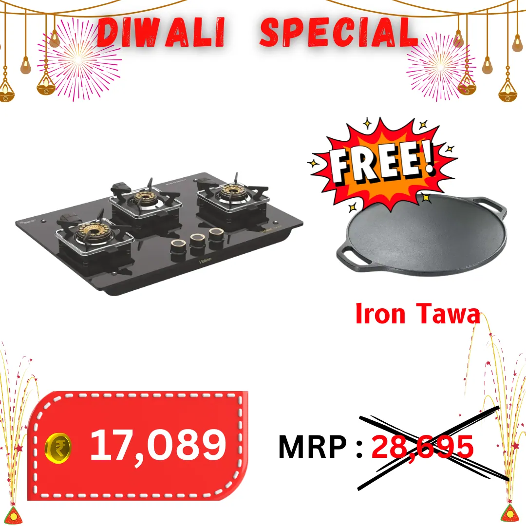 Vidiem Vogue Glass Top 3B Black - Gas Stove ( GET FREE IRON TAWA )