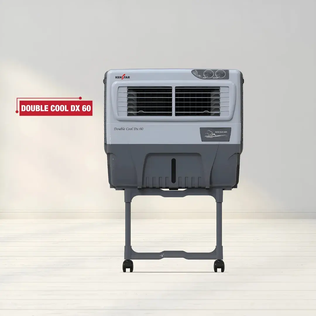 Kenstar Air Cooler Double Cool Dx 60 GY Paddy Straw Light Grey & Dark Grey 60 Ltr (KCLDCLGY060BMW-ELM)+ Free Trolley Stand