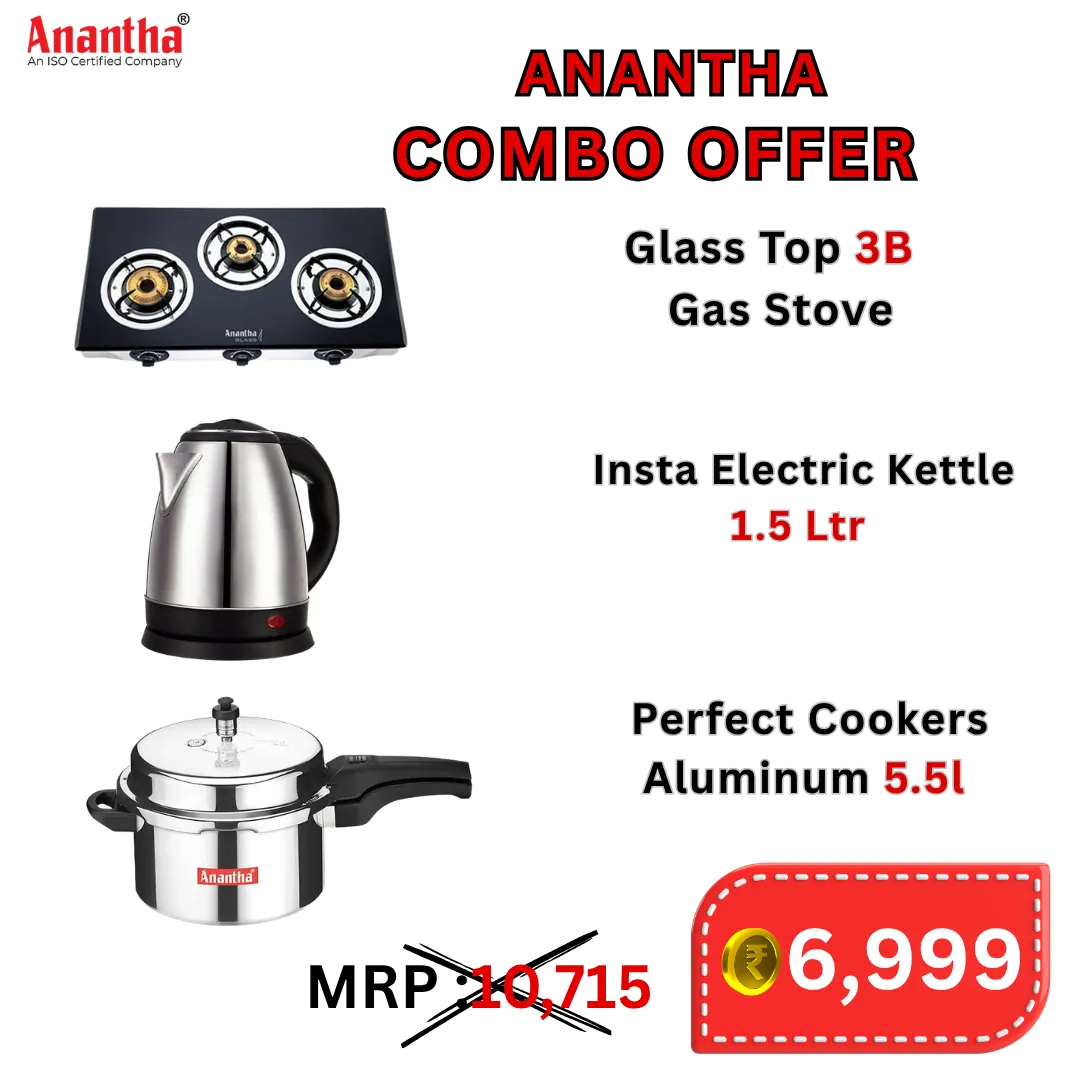 Anantha Combo Offer (Anantha Nano Glass Top 3B Gas Stove & Anantha Insta Electric Kettle & Perfect Cookers  Aluminum 5.5l )