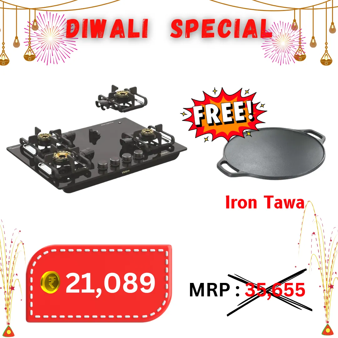 Vidiem Vogue V1 Glass Top 4 Burner Gas Stove Black ( GET FREE IRON TAWA )