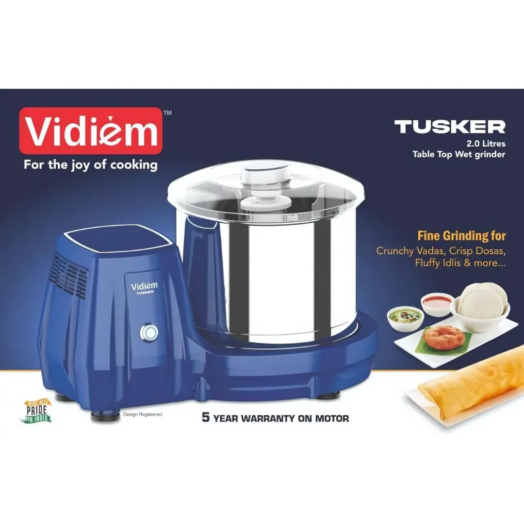 Vidiem Tusker Table Top Wet Grinder 2 Ltr Blue