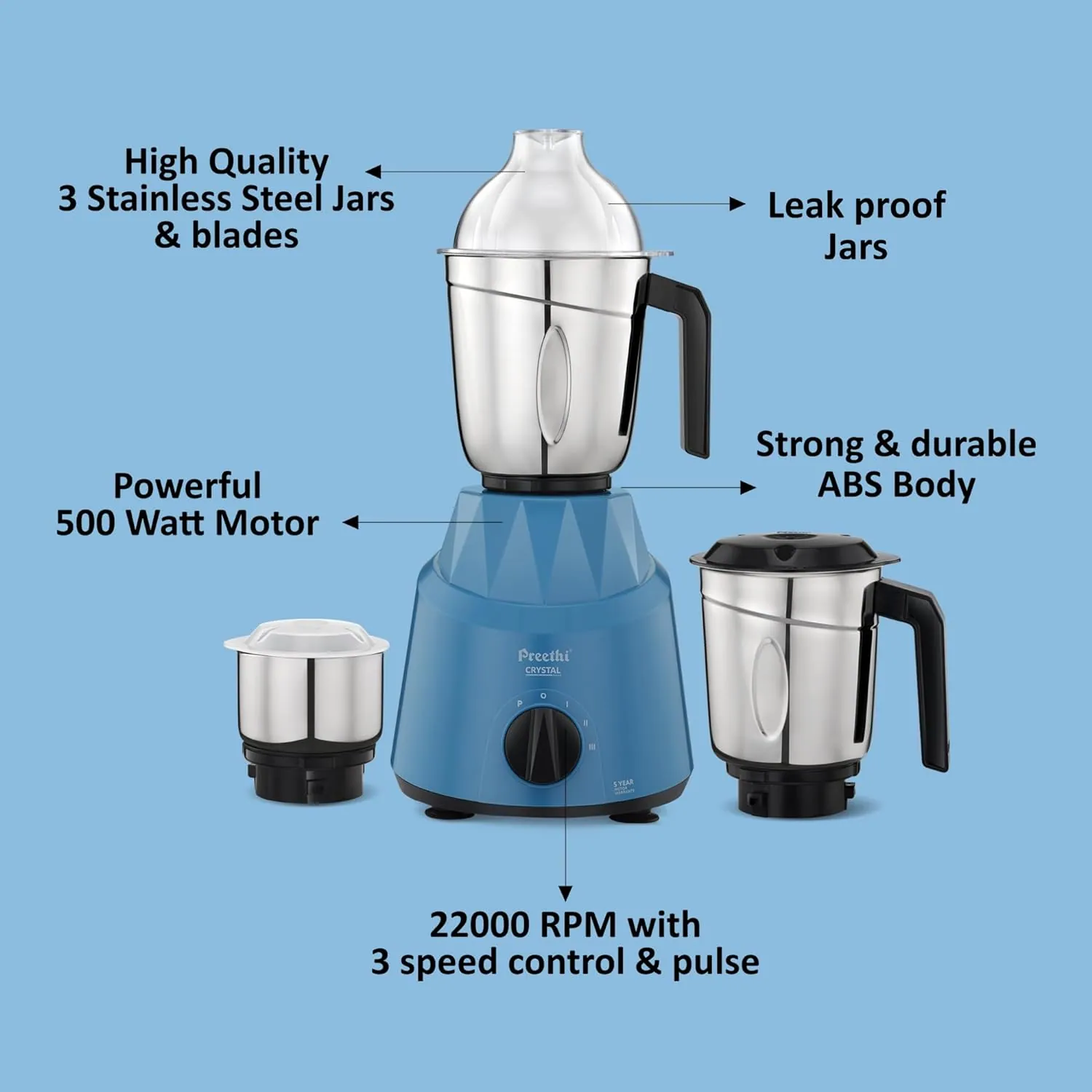 Preethi Crystal 500 W Mixie Blue 3 Jars (MG-224)