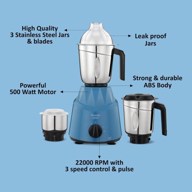 Preethi Crystal 500 W Mixie Blue 3 Jars (MG-224)